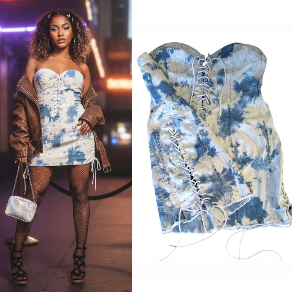 CLUB EXX Lovesick Blue White Acid Wash Lace Up Strapless Mini Jean Dress 2X